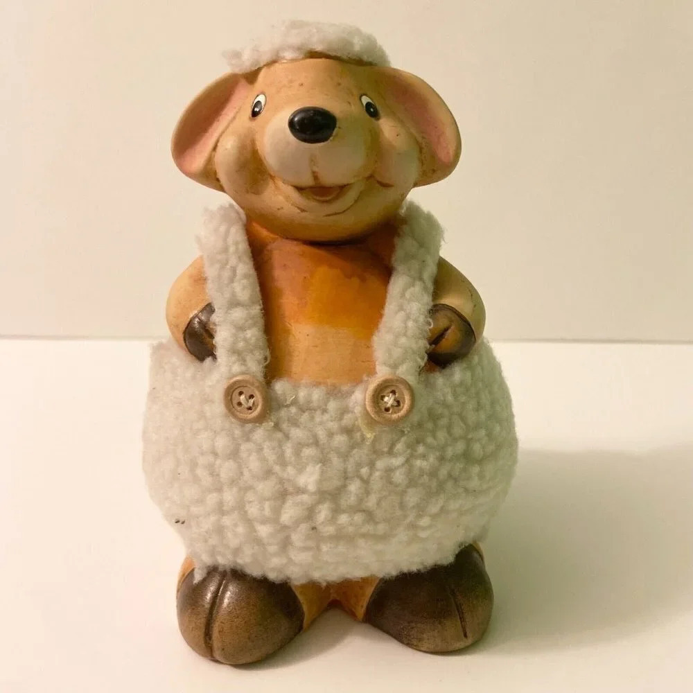Vintage Lamb Coin Bank with Outfit 6 Inch Tall Ceramic Sheep Figurine